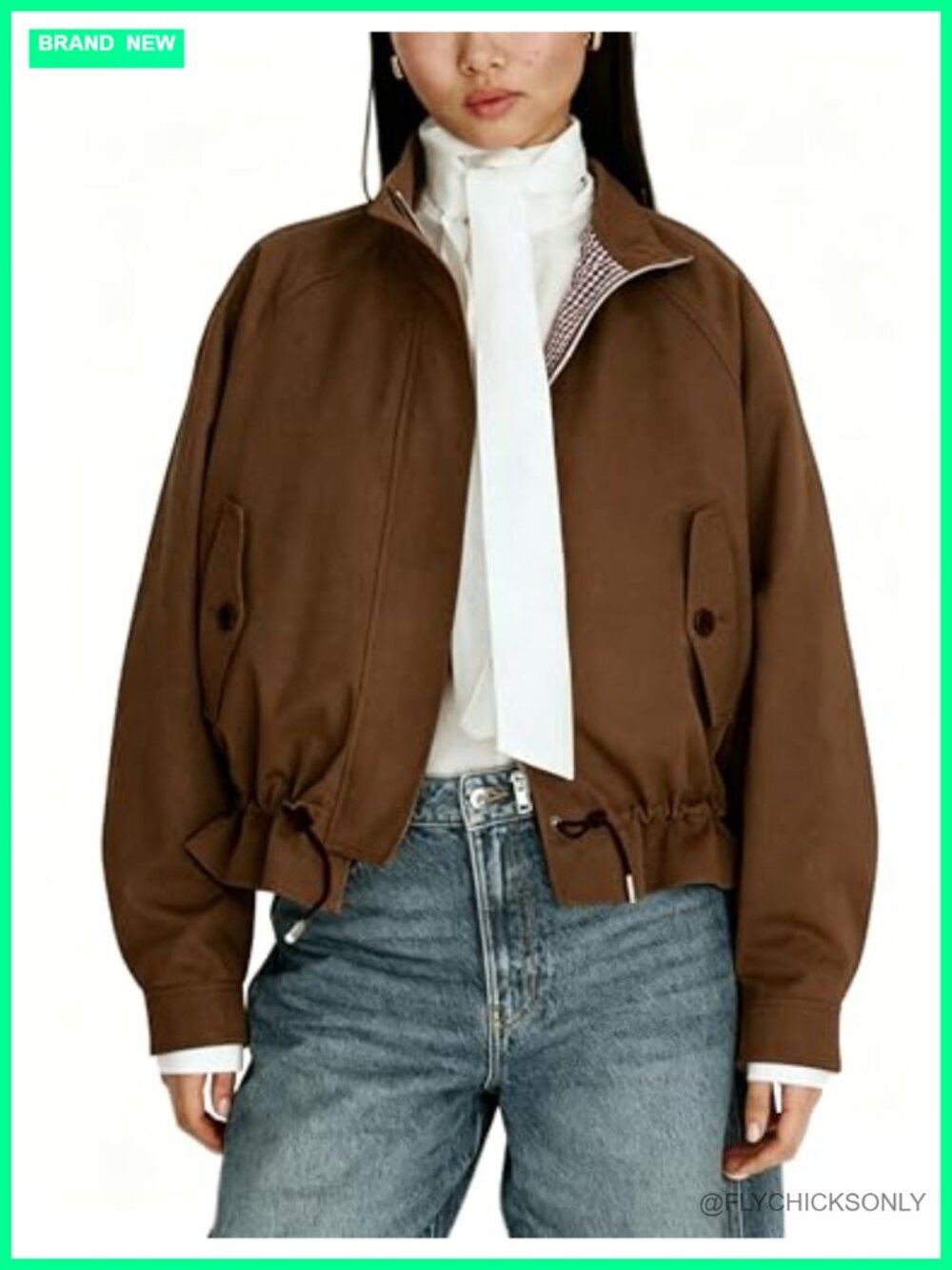 Women's Cotton Drawstring Waist Casual Jacket Zip Spring Fall Outerwear